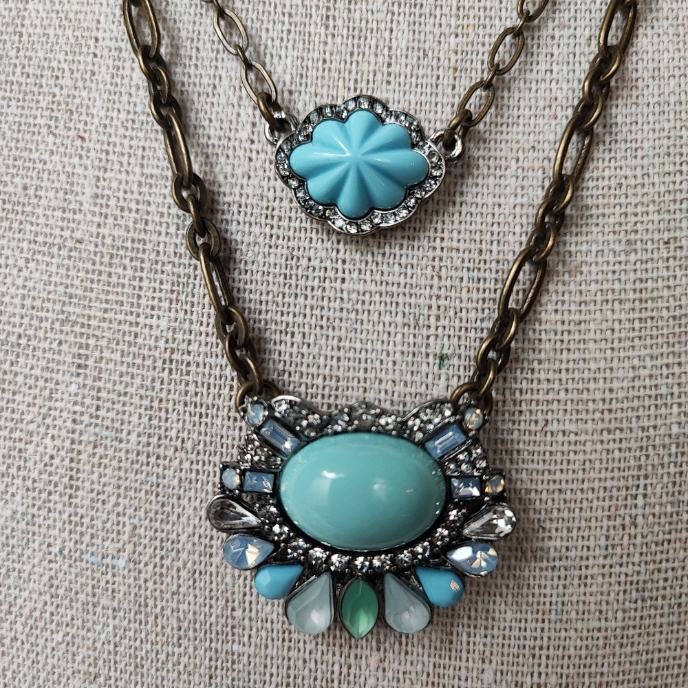 Chloe and Isabel Molded Plastic Rhinestone Turquoise Signed Necklace Dual Strand